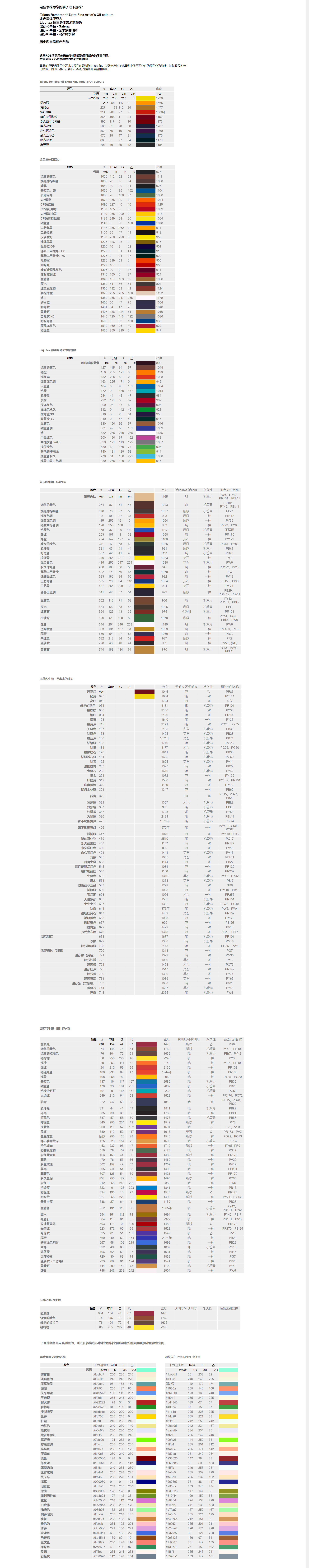 常见颜料颜色基础色卡